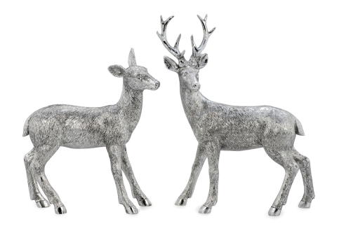 Hirschpaar stehend silber mit Felloptik, Deko Hirsche im 2 teiliges Set