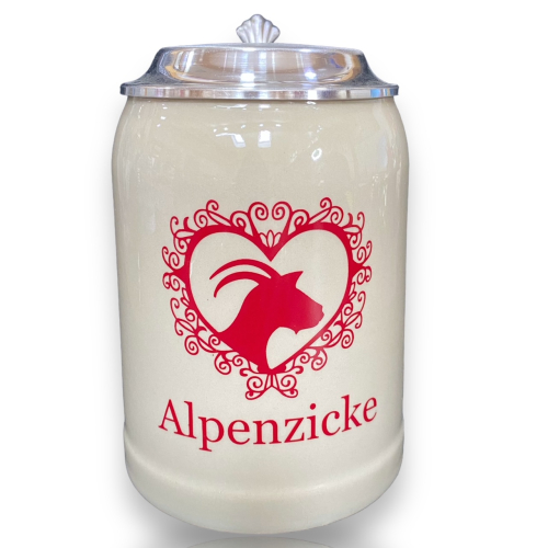 Bierkrug Alpenzicke mit Zinndeckel -  Porzellankrug