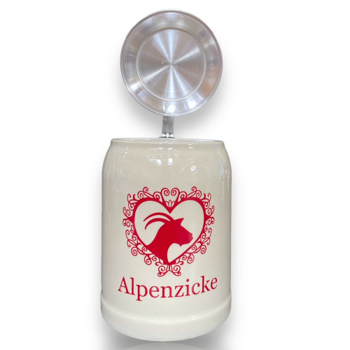 Preview: Bierkrug Alpenzicke mit Zinndeckel -  Porzellankrug