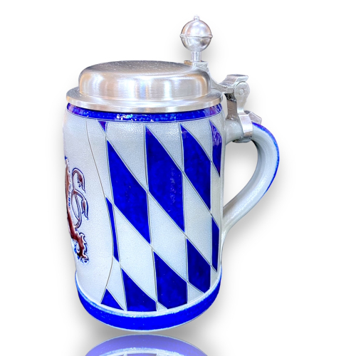 Preview: Der bayerische Löwen Bierkrug mit Zinndeckel und Raute - Salzglasur-Krug 0,5