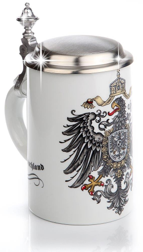 Bierkrug Deutschland-Adler mit Zinndeckel, Porzellankrug, Handarbeit, Gravurfähig