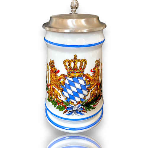 Bierkrug Bayernwappen mit Zinndeckel-Porzellankrug-Gravurfähig