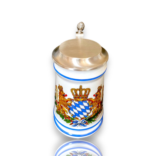 Preview: Bierkrug Bayernwappen mit Zinndeckel-Porzellankrug-Gravurfähig
