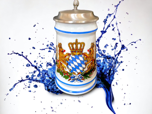 Bierkrug Bayernwappen mit Zinndeckel-Porzellankrug-Gravurfähig