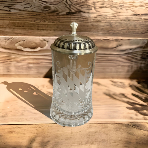 Bierkrug Glas mit Bayernraute und Zinndeckel - Glasbierseidel 0.5l