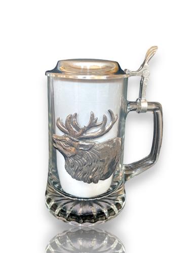 Glaskrug, Bierseidel, Bierkrug mit Zinndeckel und Hirschkopf - Bierkrug Hirschkopf