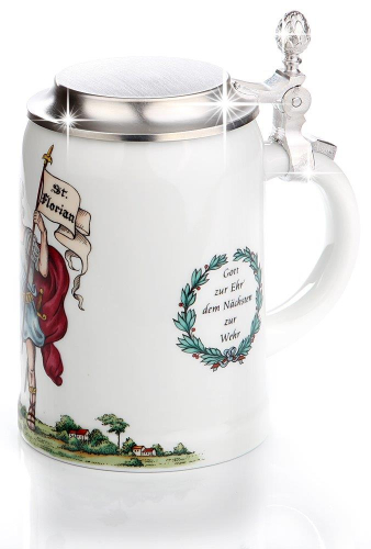 Preview: Bierkrug  St. Florian mit Lorberkranz und  Zinndeckel, Porzellankrug