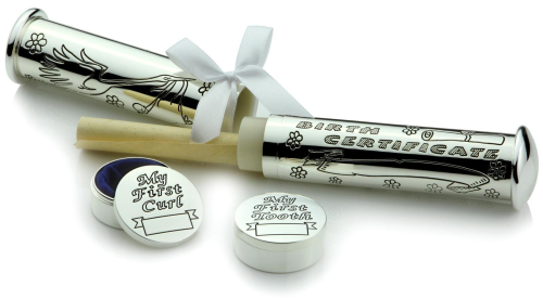 Preview: 3 teiliges Geschenkset zur Geburt - Versilberte Zahn und Lockendose mit Geburtsurkundenhalter!