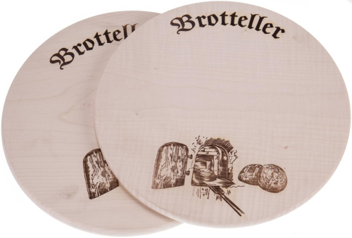 Brotzeitteller aus Holz Ø 35 cm, Holzteller mit Motiv Brot und Backofen - Brotteller