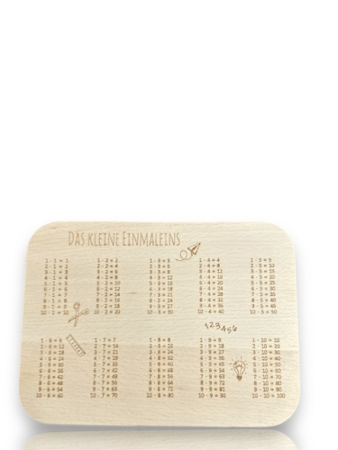 Preview: Brotzeitbrett zum Schulanfang - Lernbrett Das kleine Einmaleins, Vesperbrett, Holzteller Buche mit Motiv und Namensgravur