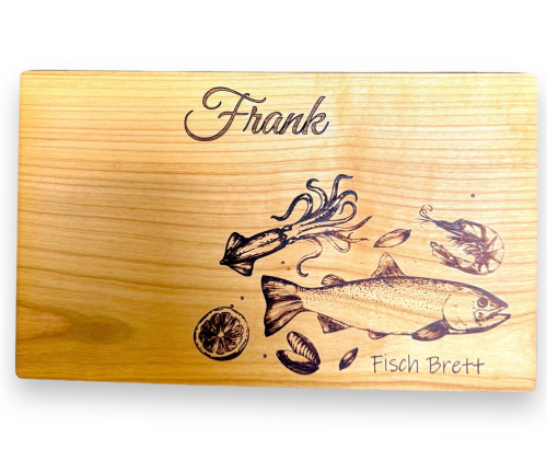 Preview: Fischbrett aus massivem Kirschholz incl. Gravur,  Schneidbrett mit Fischgrafik geölt 30 x 18 x 1,5 cm