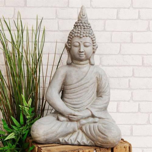 Preview: Glücks Buddha XL aus Polystone Grau, Wetterfester Deko Buddha
