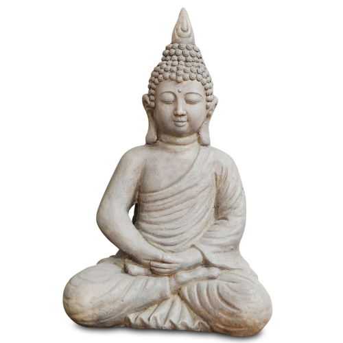 Glücks Buddha XL aus Polystone Grau, Wetterfester Deko Buddha