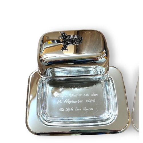 Preview: Butterdose Hirsch und Buttermesser für 1/4 Pfund Butter-Versilbert, Gravurfähig