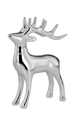Preview: Großer Porzellan Hirsch, stehender Hirsch silber Glänzend