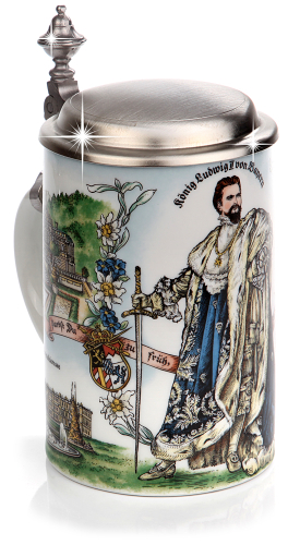Preview: Bierkrug König Ludwig mit Zinndeckel - Porzellankrug Made in Germany
