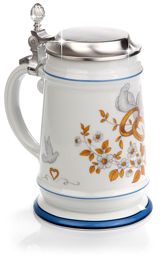 Preview: Bierkrug - Hochzeitskrug mit Zinndeckel Ringen & Tauben - Porzellankrug