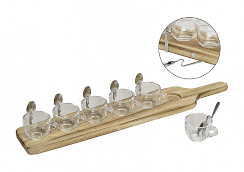 Preview: Servierbrett Holz incl. 6 Gläser u. Löffel - Kaffee, Espresso Latte