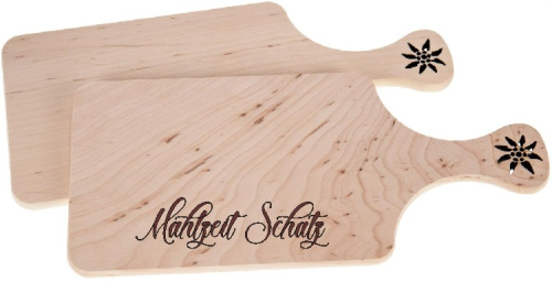 Preview: Brotzeitbrett Erle mit Griff und Edelweiß  32x14x1,2 cm