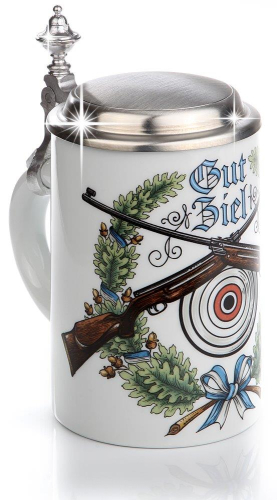 Bierkrug für Schützen mit Zinndeckel, Porzellankrug - Gut Ziel