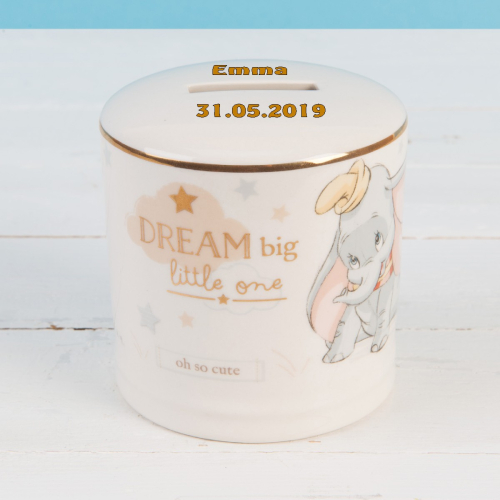 Preview: Dumbo Spardose von Disney mit Name und Datum