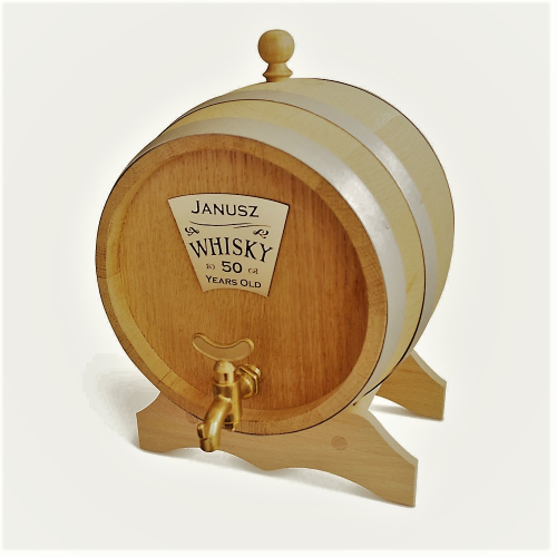 Preview: Eichenfass 1 Liter mit Bock Messinghahn und Gravur geölt