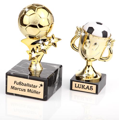 Fußballtrophäe Gold, Ehrenpreis auf Marmor Sockel incl. Gravur - Fußball Pokal