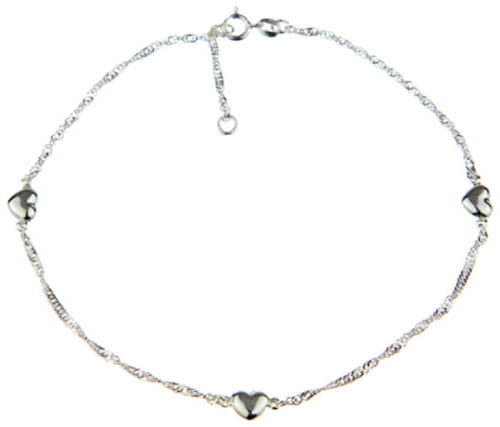 Preview: Die schöne Singapur Fußkette mit 3 Herzen in echt Silber - Schmuck für Mädchen und Frauen