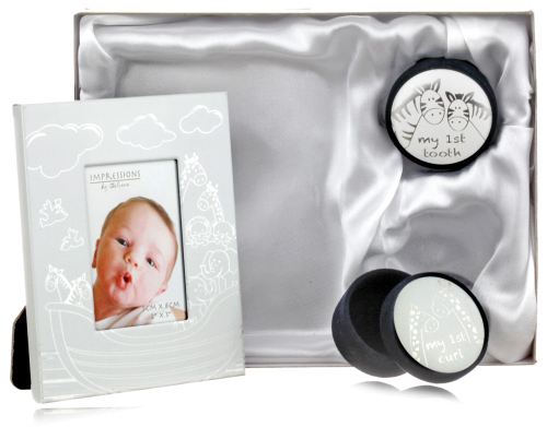 Das süße 3-teilige Arche Noah - Babyset Locken und Zahndose mit Bilderrahmen im Geschenkkarton
