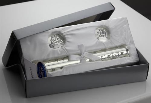 Preview: 3 teiliges Geschenkset zur Geburt - Versilberte Zahn und Lockendose mit Geburtsurkundenhalter!