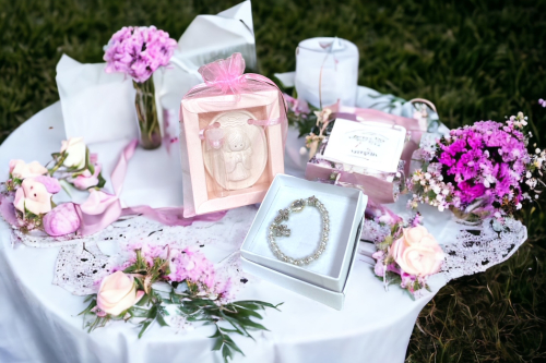 Geschenkset zur Taufe für Mädchen - Rosa - Taufengel und Armband