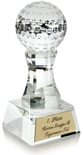 Der gläserne Golf Pokal, Ehrenpreis, Glastrophäe für Golfer aus Kristallglas incl. Gravur