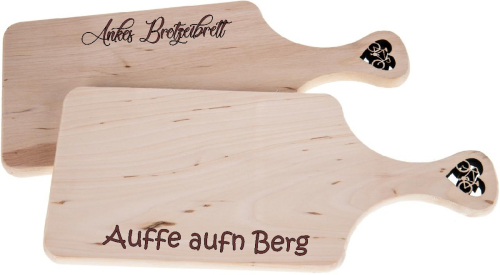 Preview: Schneidbrett Erle mit Griff und Motiv-  Fahrrad im Herz -  32 x14 x1,2 cm