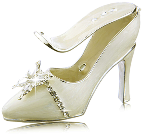 Preview: Die versilberte Schmuckdose in Form eines High Heels mit Schmetterling - Cremefarben!