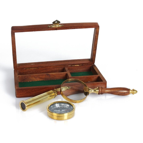 Edles Schreibtischset aus Holz & Messing - Lupe,Teleskop und Kompass