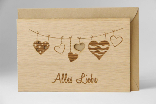Preview: Glückwunschkarte aus Holz "Alles Liebe", Holzgrußkarte faltbar