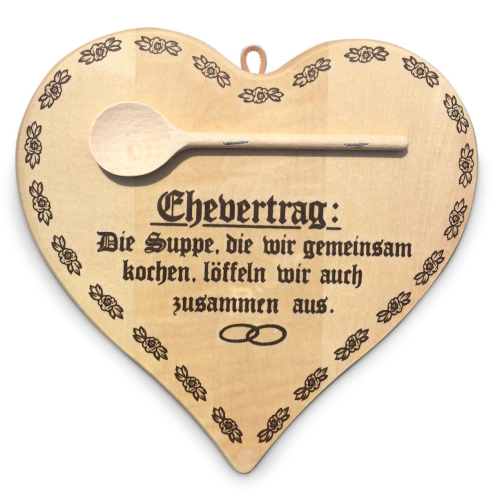 Der Ehevertrag aus Holz - Herzbrett mit graviertem Text - Hochzeitsgeschenk