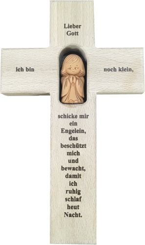 Kreuz mit Ton Schutzengel und Gebet - Holzkreuz für das Kinderzimmer