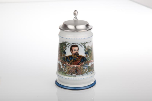 Preview: Bierkrug König Ludwig mit Grotte mit Zinndeckel - Porzellankrug Made in Germany