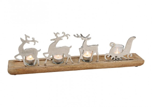 Weihnachtsmotiv Rentiere mit Schlitten aus Alu auf Sockel - Kerzenständer Schlittenwagen Metall auf Holz XL