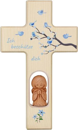 Kinderkreuz mit Schutzengel und Lebensbaum, Gebetskreuz mit Gravur Hellblau