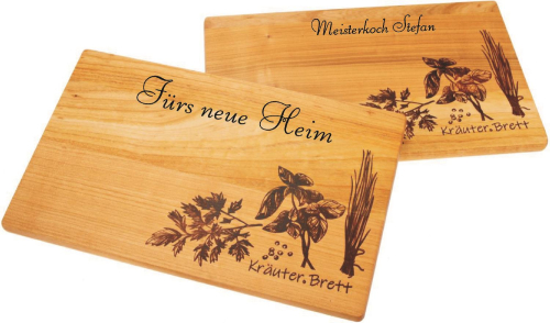 Kräuterbrett aus massivem Kirschholz incl. Gravur,  Schneidbrett mit Kräuterdruck geölt 30 x 18 x 1,5 cm