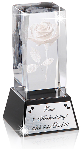 Kristallglas Trophäe mit 3D Lasergravur Rose und Wunschtext