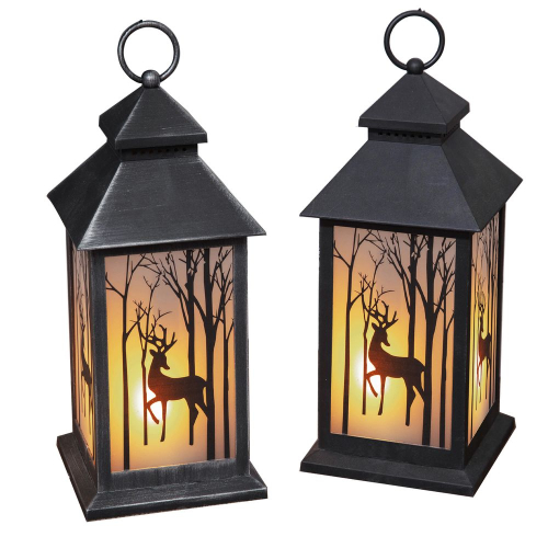 Preview: Laterne mit Wald & Reh Silhouette + LED Flackereffekt