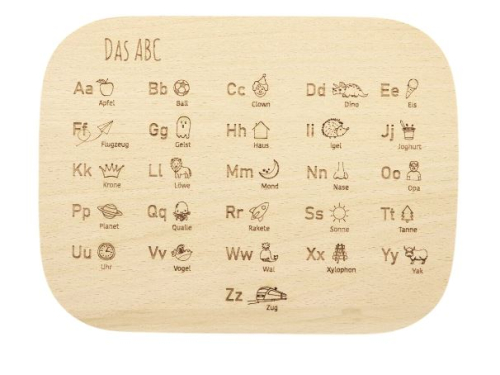 Preview: Brotzeitbrett zum Schulanfang - Lernbrett Das ABC, Vesperbrett, Holzteller Buche mit Motiv und Namensgravur