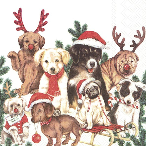 Wunderschöne Servietten mit weihnachtlichem Hundemotiv - Dog Mas
