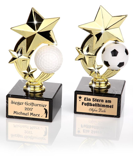 Preview: Der Sternenpreis Fußball, Fußballtrophäe Gold, Ehrepreis auf Marmor Sockel incl. Gravur - Fußball Pokal
