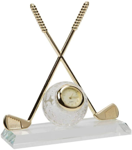 Die edle Miniatur Uhr Golfball mit Schläger auf Glassockel