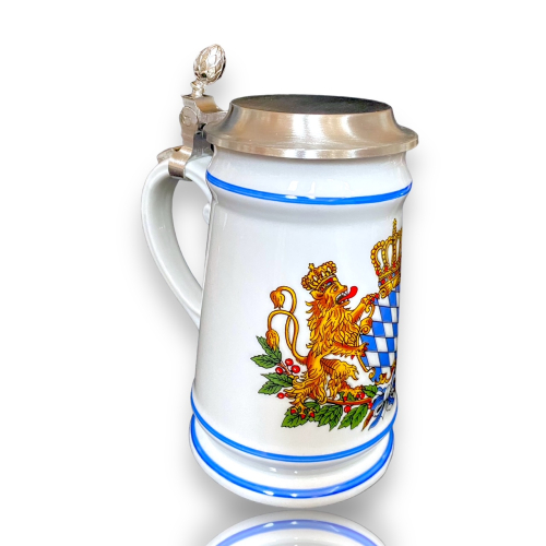 Preview: Bierkrug Bayernwappen mit Zinndeckel-Porzellankrug-Gravurfähig