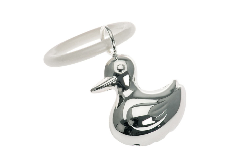 Babyrassel Ente am Beissring versilbert - Silberrassel
